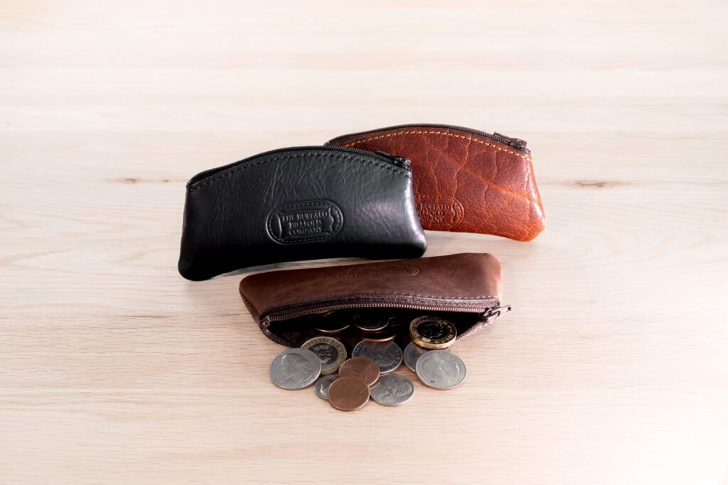 Leather Coin Purse with Zipper in black, brown, and red leather. Leather Coin Purse with Zipper in black, brown, and red leather.