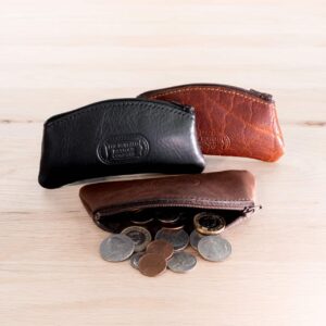 Leather Coin Purse With Zipper In Black, Brown, And Red Leather.