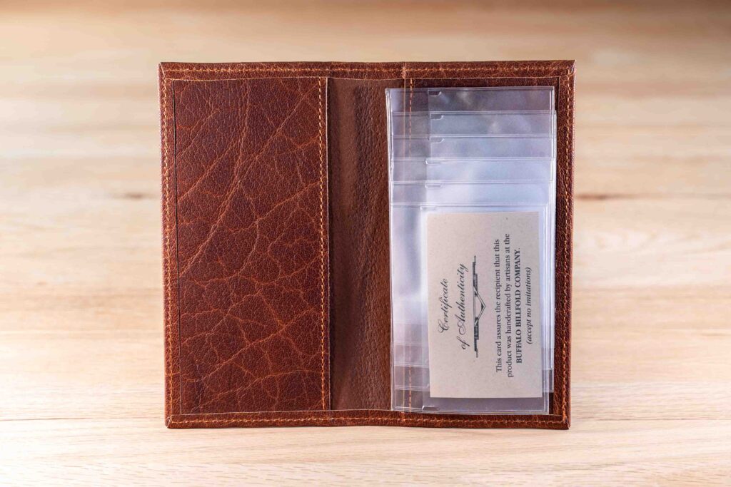 Inside of the red Shrunken Bison Leather Checkbook Cover Inside of the red Shrunken Bison Leather Checkbook Cover