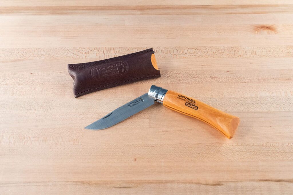 Opinel No.7 Carbon Steel Folding Knife With Leather Case - Made In Usa