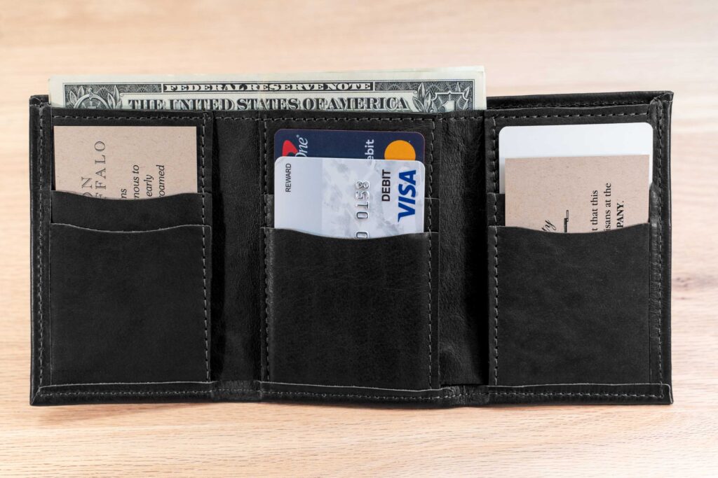 Mens Leather Trifold Wallet - Vertical Pockets - Black Full Grain American Bison Leather Mens Leather Trifold Wallet - Vertical Pockets - Black Full Grain American Bison Leather